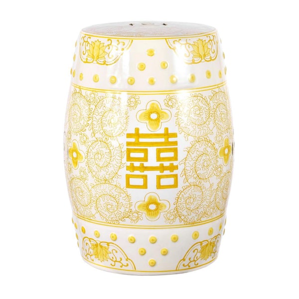 JONATHAN Y Double Happiness 18 in. Chinoiserie Ceramic Drum Garden Stool, Yellow/White