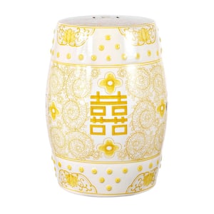 Double Happiness 18 in. Chinoiserie Ceramic Drum Garden Stool, Yellow/White