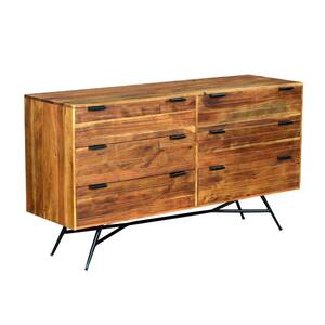 Brown Acacia Wood Sideboard with 6-Drawers and Iron Base