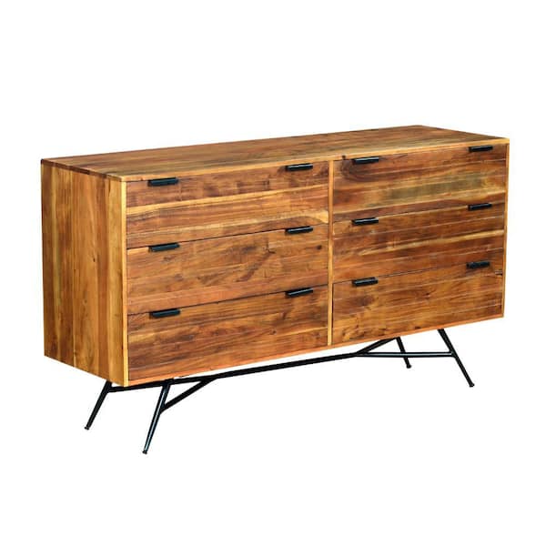 THE URBAN PORT Brown Acacia Wood Sideboard with 6-Drawers and Iron Base