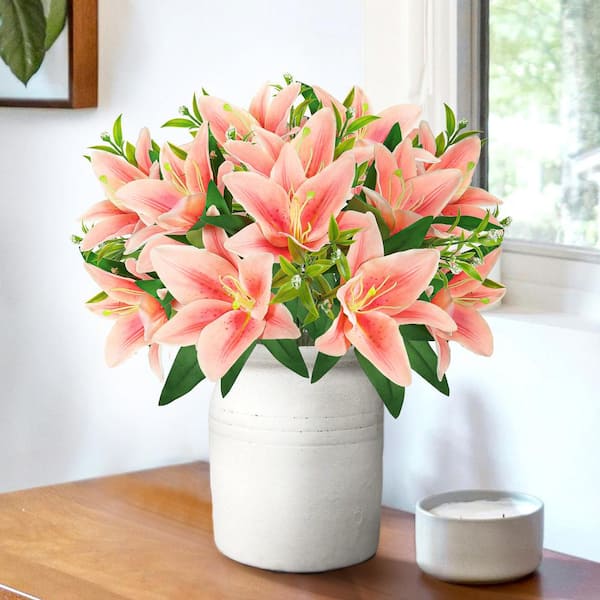 13 in. Coral Artificial Stargazer Lily Flower Stem Bush Bouquet (Set of 4)