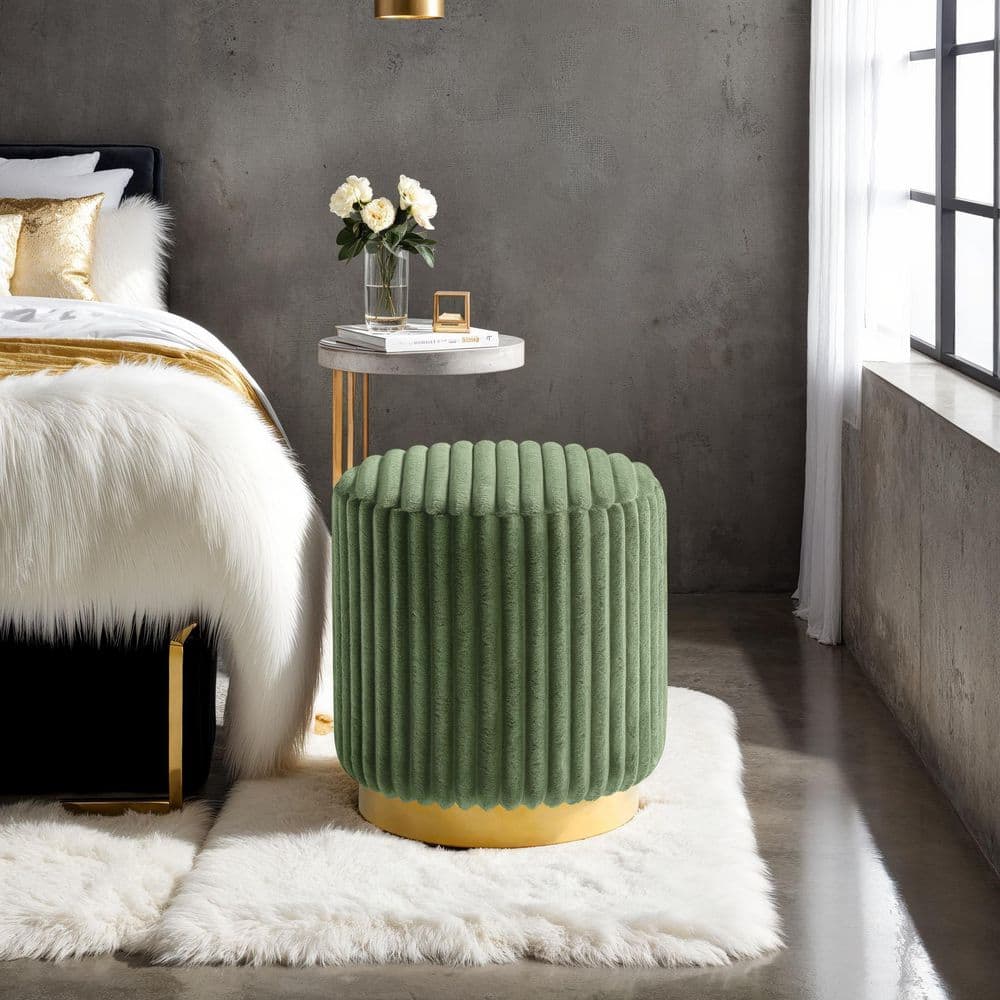 Stiltz Glam Green Faux Fur Corduroy Fabric Round Accent Ottoman Small (Under 22 in.) price history on PriceWatchPro