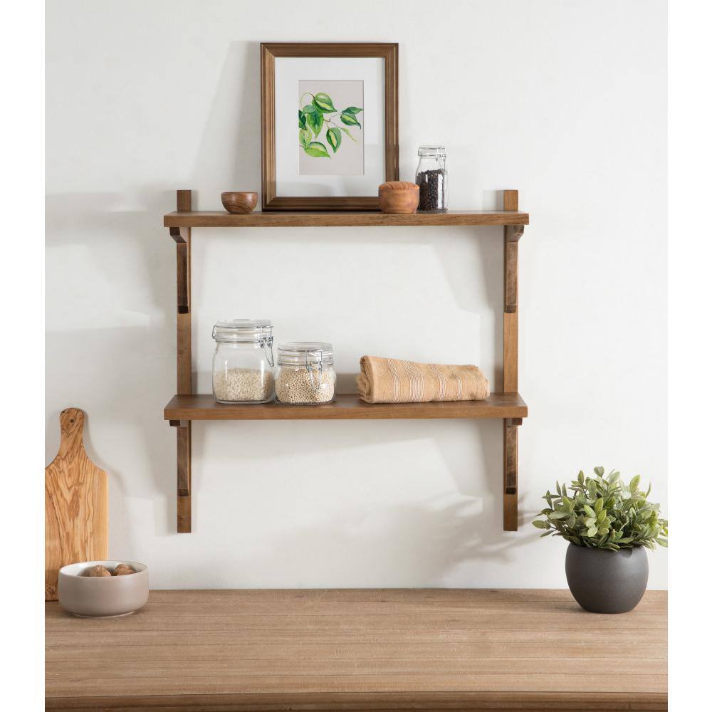 Rustic Brown Poplar Wood Floating Wall Shelf with Two Tiers