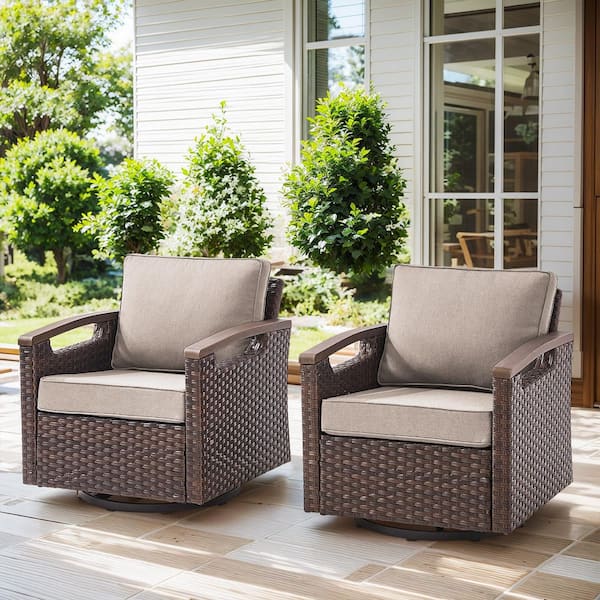 moosprr Farmhouse 2-Piece Brown PE Wicker Outdoor Rocking Chair with Olefin Beige Cushions /Metal Armrest