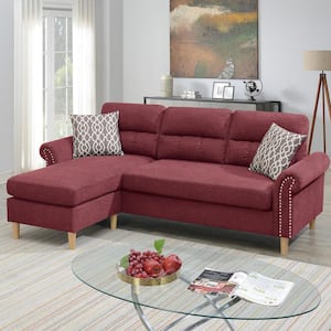 87 in W Fabric Polyfiber Reversible Sectional Sofa Set in. Red with Chaise Pillows Plush Cushion Couch Nailheads