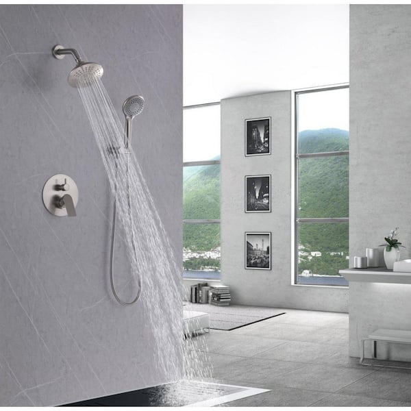 YONKI SUNSHIN INC Single Handle 5-Spray Patterns 2-Showerheads Shower Faucet 3.7 GPM with Pressure Balance, Anti Scald in Brushed Nickel