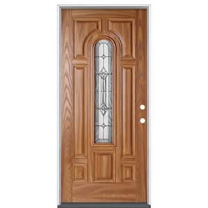 36 in. x 80 in. Providence Pecan Right Hand Inswing Center Arch Stained Fiberglass Prehung Front Door No Brickmold