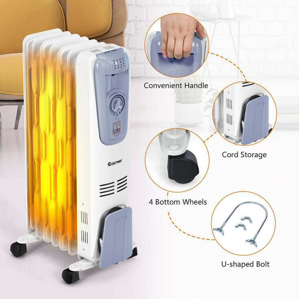 Blue and White 1500W Oil-Filled Radiator Heater with Thermostat