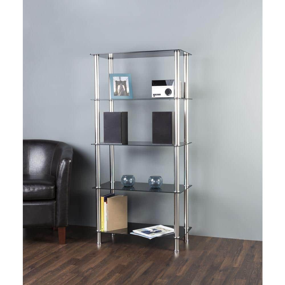 Tall Black Glass and Chrome 5-Tier Shelving Unit