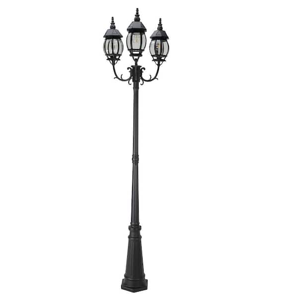 3-Head Black Cast Aluminum Solar Outdoor Rust Resistant Post Light Set with 3-E26 LED Bulbs Included