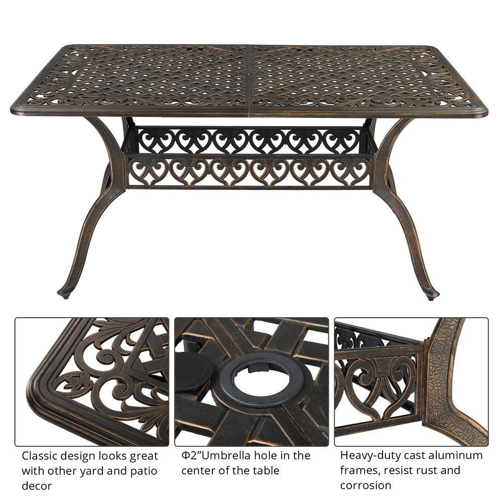 Bronze 60 in. Rectangle Cast Aluminum Outdoor Dining Table with Umbrella Hole