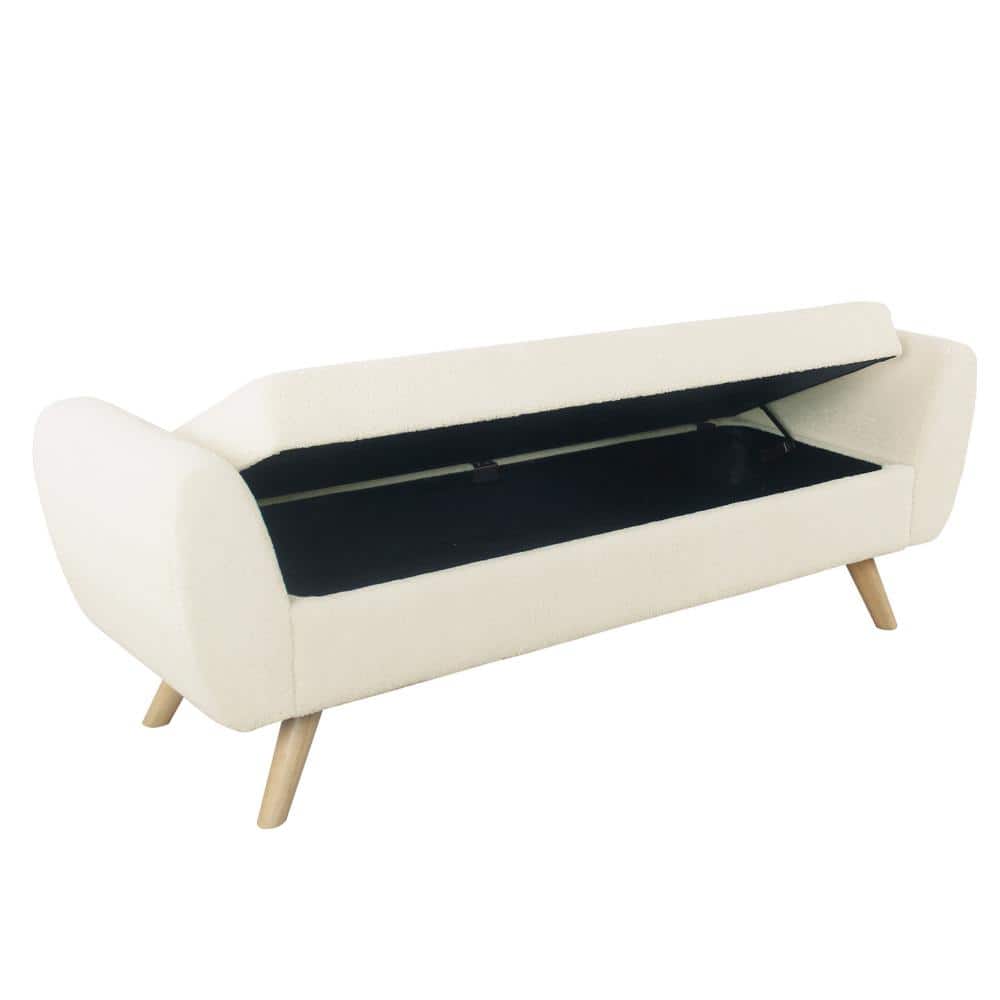 Cream Faux Shearling Storage Bench with Wood Legs