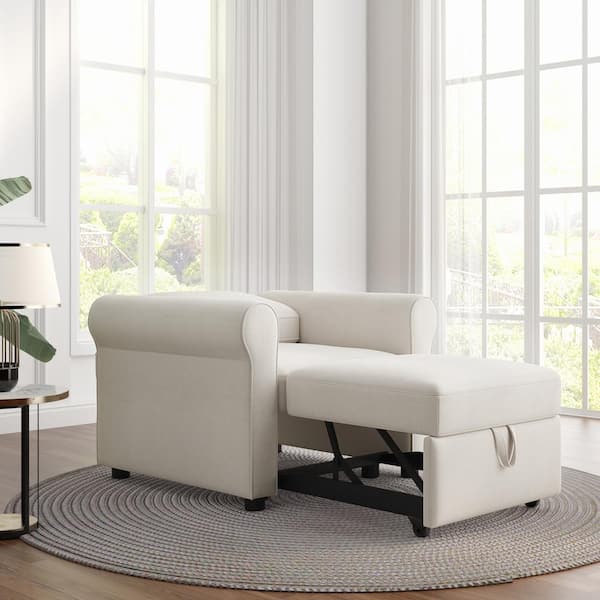 35.8 in. Width Beige Linen Small Twin Size Sofa Bed, Convertible Sleeper Chair Bed