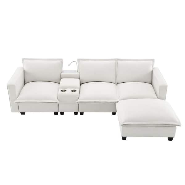 J&E Home 109 in. Straight Arm 5-Piece L Shaped Chenille Sectional Sofa with Console, USB Charging Port, Light, Cup Holder Beige