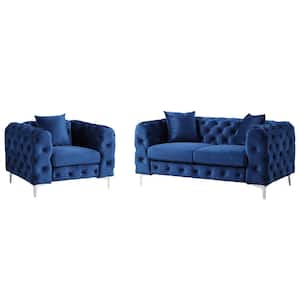 Modern Contemporary 2 Piece Accent Chair and Loveseat with Deep Button Tufting Dutch Velvet Top in Blue
