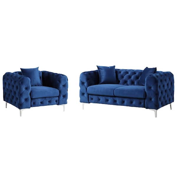 Morden Fort Modern Contemporary 2 Piece Accent Chair and Loveseat with Deep Button Tufting Dutch Velvet Top in Blue