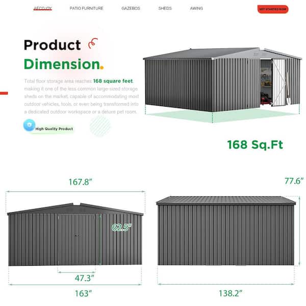14 ft. W x 12 ft. D Metal Shed with Double Lockable Doors, Dark Grey (168 Sq. ft.)