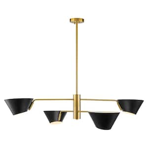 Ally 4-Light Black with Gold Mid Century Linear Sputnik Tiered Chandelier with Black Cone Shades