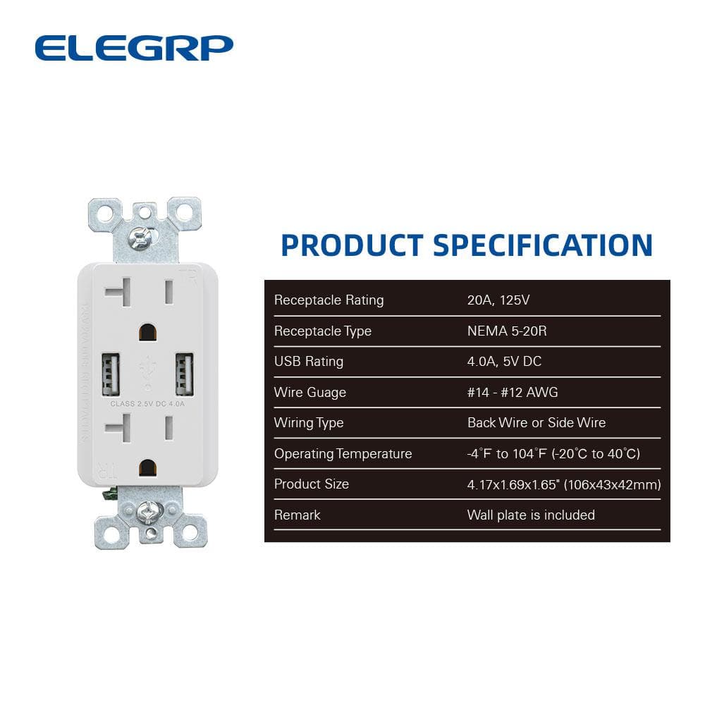 White Dual USB Wall Charger with Tamper Resistant Outlets