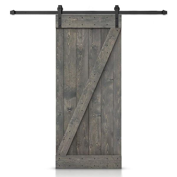 CALHOME Z Bar Series 30 in. x 84 in. Pre-Assembled Weather Gray Stained Wood Interior Sliding Barn Door with Hardware Kit