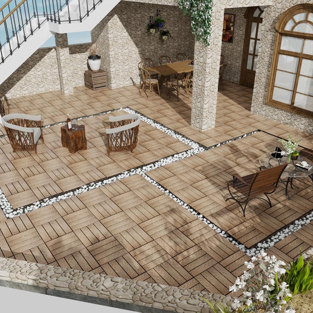11.8 in. W x 11.8 in. L Outdoor Striped Pattern WPC Composite Interlocking Flooring Deck Tiles (Set of 11) in Brown price history