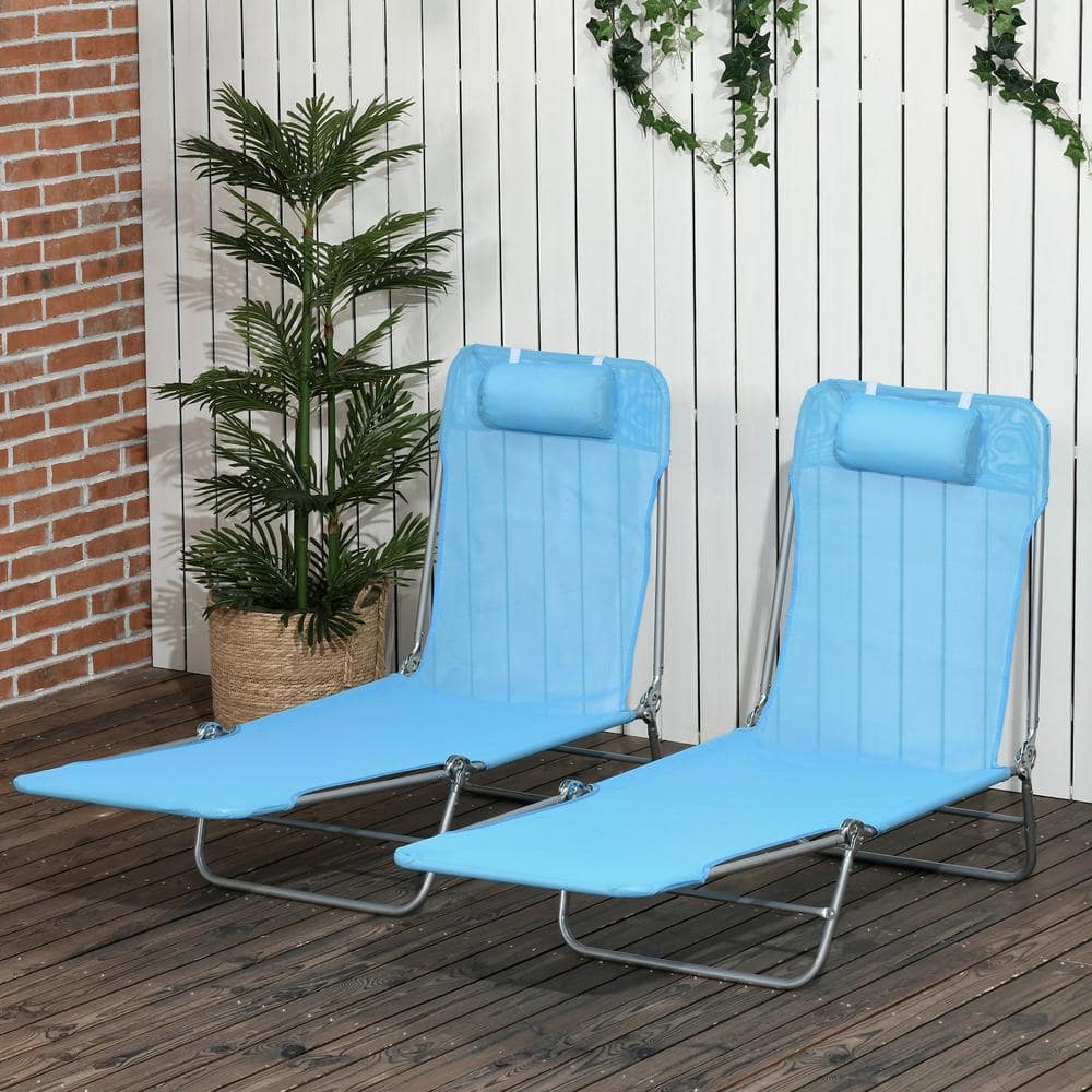 2-Piece Blue Metal Outdoor Folding Chaise Lounge Chairs with 6-Position Rec