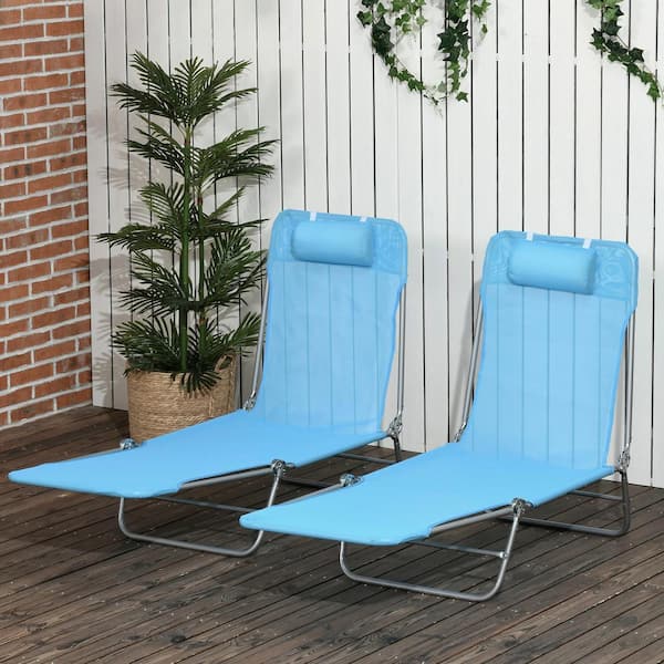 Unbranded 2-Piece Blue Metal Outdoor Folding Chaise Lounge Chairs with 6-Position Reclining Back, Breathable Mesh Seat, Headrest