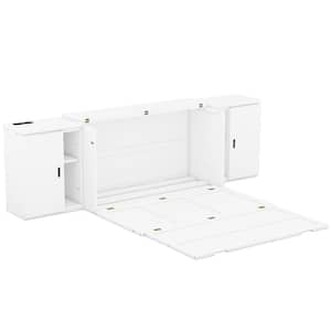 White Wood Frame Queen Size Murphy Bed with USB Ports, Shelves and Cabinets
