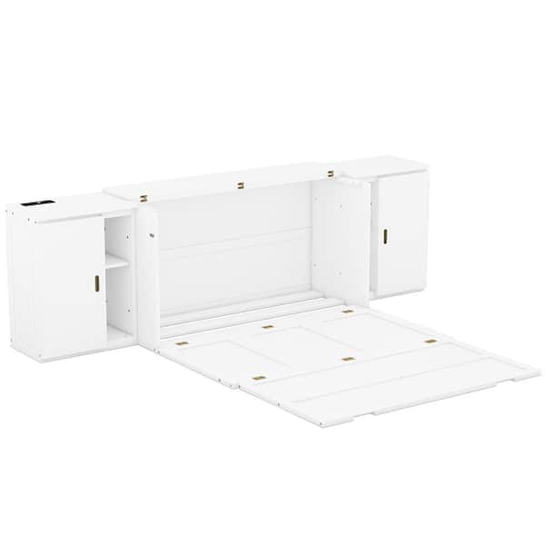 Nestfair White Wood Frame Queen Size Murphy Bed with USB Ports, Shelves and Cabinets