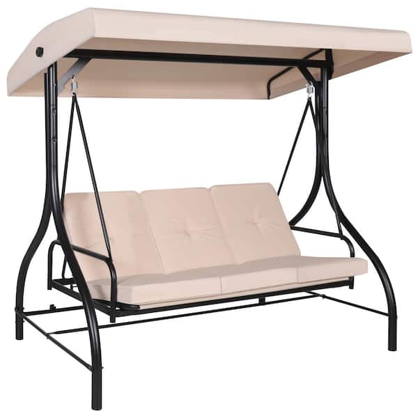 VEIKOUS 3-Seat Converting Canopy Patio Swing Steel Lounge Chair with Cushions in Beige