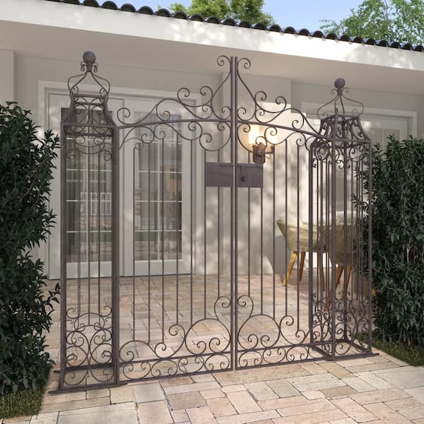 Litton Lane 64 in. x 60 in. L Traditional Brown Cantilever Metal Garden Gate with Latch and Ornate Scrollwork