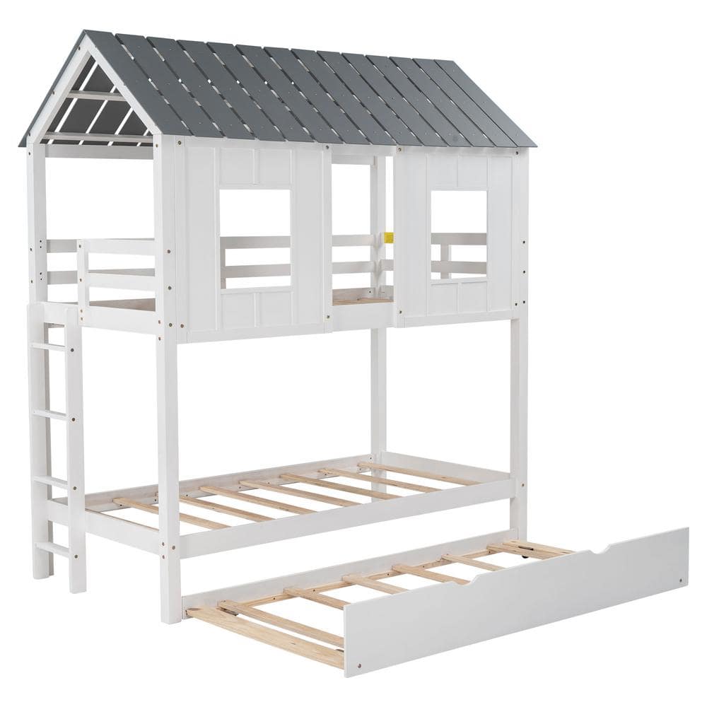 aisword White House Bunk Bed with Trundle, Roof and Windows ...