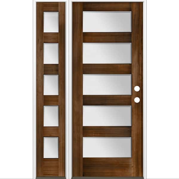Krosswood Doors 50 in. x 80 in. Modern Hemlock 5-Lite Left-Hand/Inswing Frosted Glass Provincial Stain Wood Prehung Front Door w/ LSL