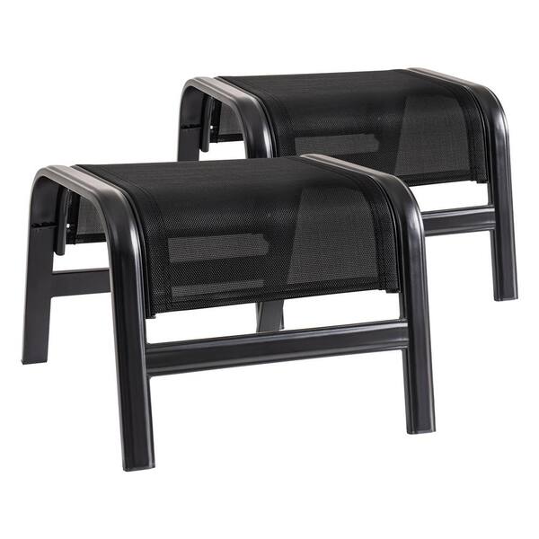 AURA OUTDOOR 2-Pieces Outdoor Textile Metal Outdoor Portable Footstool, Black