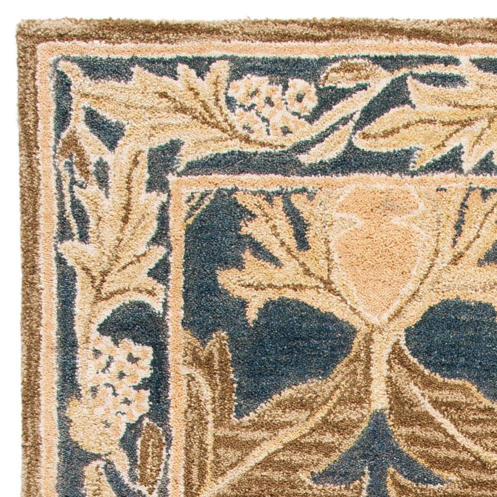 Navy and Sage Floral Wool Tufted Area Rug, 5' x 8'