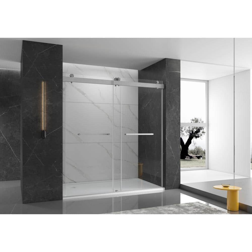 60 in. W x 76 in. H Double Sliding Frameless Shower Door in Brushed Finish 