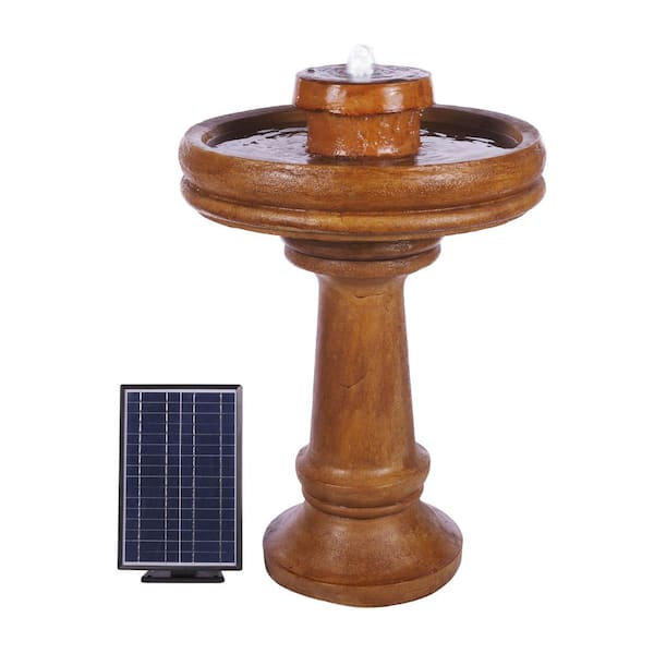 Alpine Corporation 29 in. Tall Classic Birdbath Pedestal Tiered Fountain with Solar-Powered LED Lights Brown