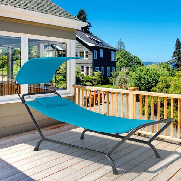 Zeus & Ruta 95.5 in. Navy Metal Frame Outdoor Patio Hanging Chaise Lounge Chair with Canopy Cushion Pillow and Storage Bag