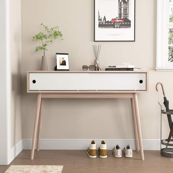 Entryway Table with 2 White Sliding Doors, Console Table with Storage Space and Wood Legs for Living Room in Natural