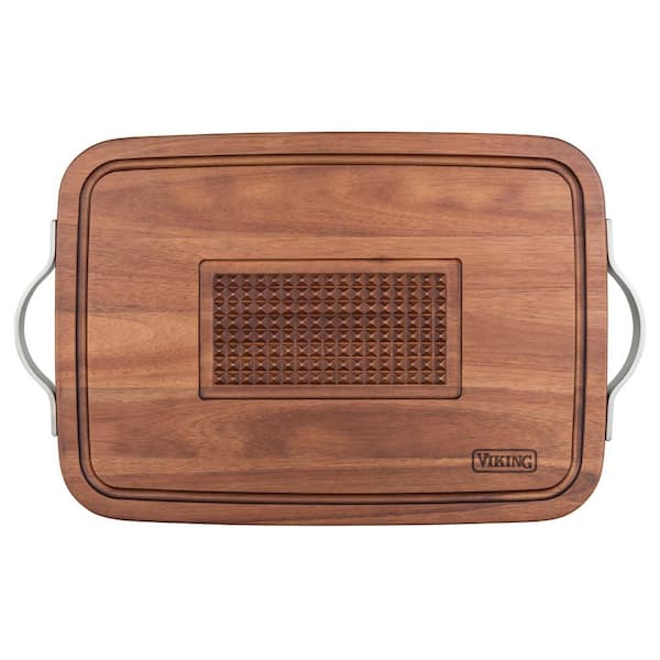 Acacia Rectangular 20 x 14 in. Carving Board with Juice Well and Metal Handles