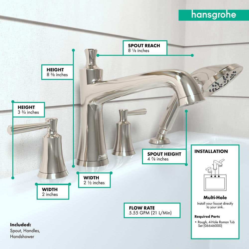Polished Nickel Double Handle Roman Tub Faucet with Handshower