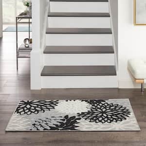 Aloha Black White 3 ft. x 4 ft. Floral Contemporary Indoor/Outdoor Patio Kitchen Area Rug