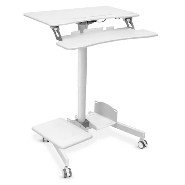 28 in. Height Adjustable Rectangular White MDF Mobile Computer Cart Rolling Desk with 2-Shelves for CPU and Printer