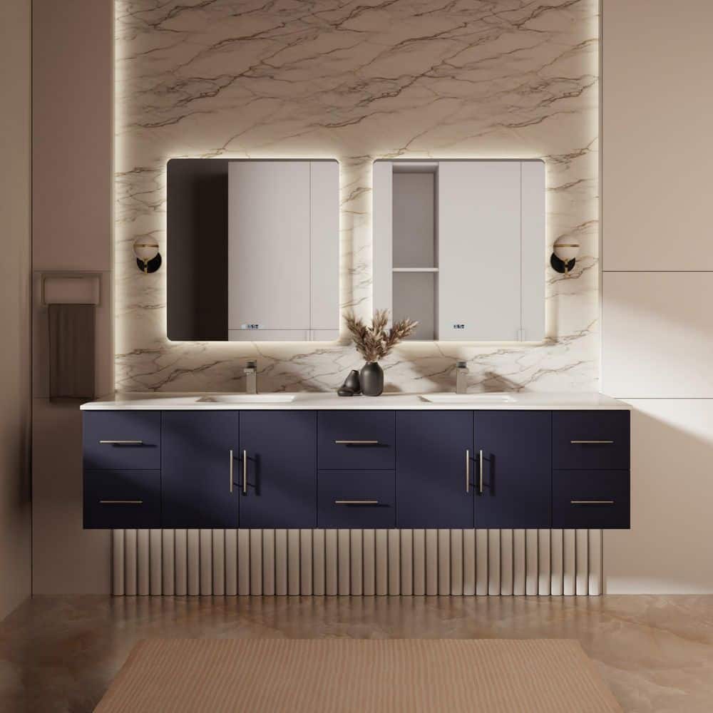 Geneva 84 in. W x 22 in. D Navy Blue Double Bath Vanity, White Quartz Top, and Faucet Set price history on PriceWatchPro