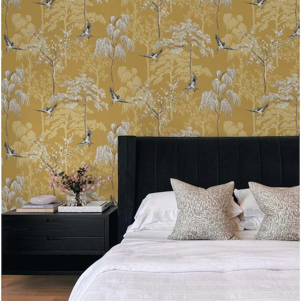 Arthouse Ochre Bird Garden Vinyl Peel and Stick Wallpaper Roll 30.75 sq. ft.