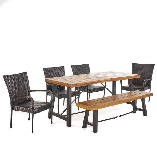 Noble House Eloise 6 Piece Wood Rectangular Outdoor Dining Set With Stacking Chairs And Bench 22971 The Home Depot - Outdoor Patio Dining Set With Bench