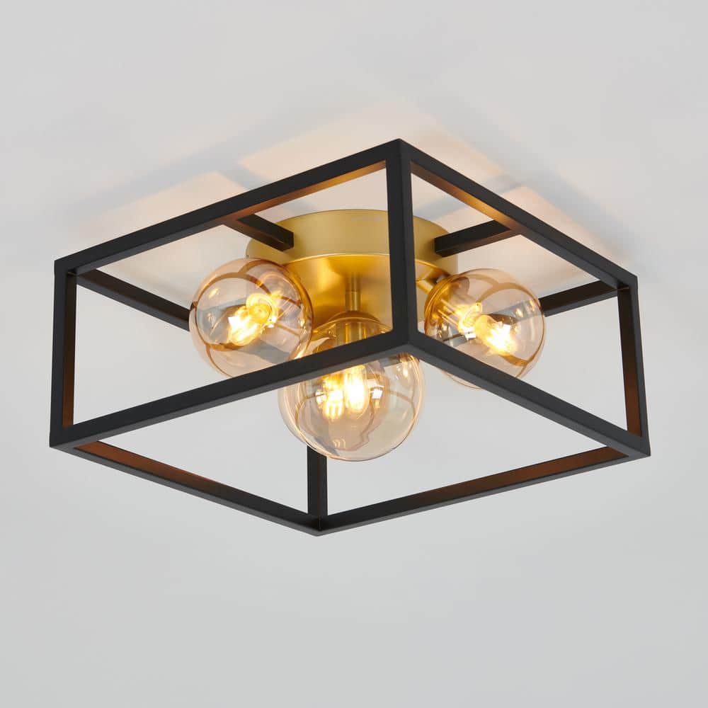 Modern Matte Black and Gold 14" Square LED Flush Mount Ceiling Light