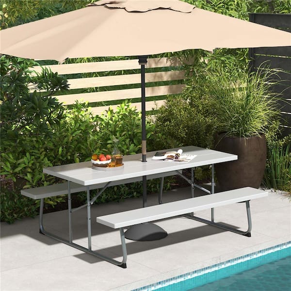 72 in. Gray Rectangle Metal Picnic Tables Seats 8 with Umbrella Hole