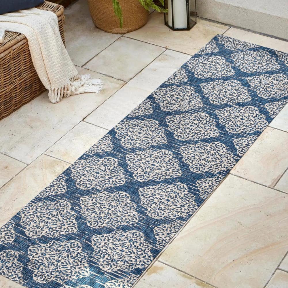 Navy and Beige Medallion Flat Woven Runner Rug