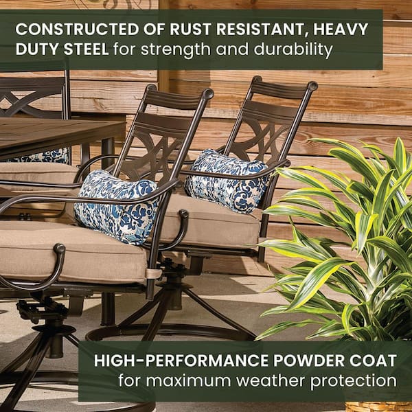 Montclair 11-Piece Steel Outdoor Dining Set with Tan Cushions, 10 Swivel Rockers and 60 in. x 84 in. Table